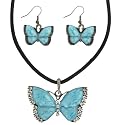 Ladies Light Blue Enamel Butterfly Necklace and Butterfly Earring Set - Adorned with Crystals and Adjustable Cord