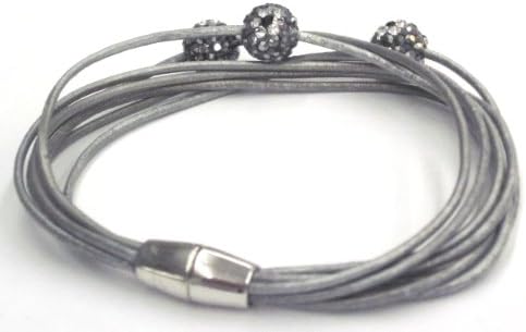 Silver Multi Strand Leather Bracelet with Pewter Pave Crystal Disco Balls That Have a White and Black Flower Design. Magnetic Easy Closure. 8 Inch Length