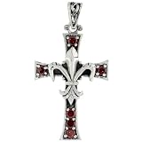 Sterling Silver Fleur de Lys on Cross Pendant w/ Red CZ Stones, w/ 18" Thin Box Chain
