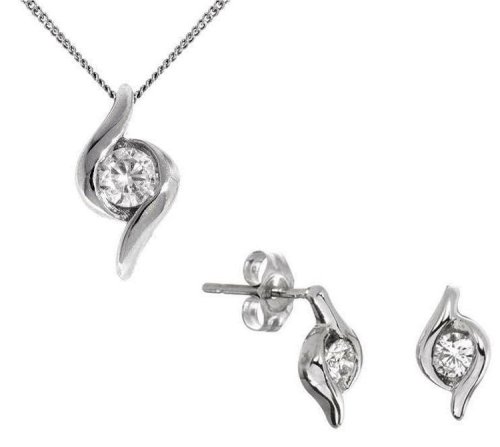 9ct White Gold Ladies Diamond Solitaire Wrapped Pendant with 18" Chain & Wrapped Earrings