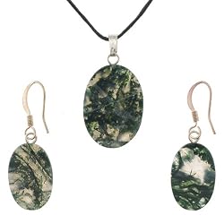 Moss Agate Oval Shaped Pendant and Earrings Set - 15x22mm Pendant, 12x18mm Earrings - Adjustable Cord Necklace
