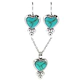 Sterling Silver Turquoise Inlay Heart Drop Earrings with Beads and Matching Pendant Set, 16
