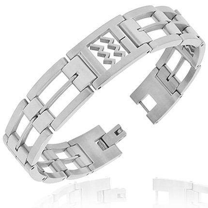 Stainless Steel Silver-Tone Link Chain Zodiac Sign Aquarius Mens Bracelet with Clasp