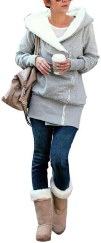 S Ladies Long Sleeves Zip up Front Plush Lining Hooded Coat Gray