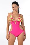 IMAGE OF Fuchsia Floral Rosettes Triangle Top and Tie Side Monokini Swimsuit (Small)