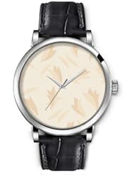 SPRAWL Aanalog Fashion Series Silver Ladies Watches of Genuine Black Leather Strap,Unique Wrist Watch for Women Girls Designed with Petals on beige background