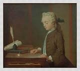 Tableau avec cadre: Jean-Baptiste-Siméon Chardin, "Le portrait du fils de M.Godefroy, joaillier, appliqué à voir tourner un toton, dit aussi L'enfant au", 71 x 62 - Aluminium Basic M: Argent mate Image du produit