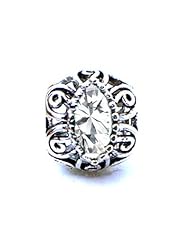 April Birthday Gift, Sterling Silver Filigree Design Charm with White Topaz (Diamond Color April Birthstone), Fits Pandora and All Brands Charm Bracelets and Necklaces