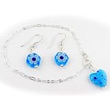 925 Sterling Silver Murano Millefiori Glass Aqua Heart Charm BRACELET and Earrings