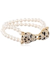 Crystal Panther Simulated Pearl Stretch Bracelet, 7"