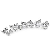White Stud Earrings Princess Stud Earrings Sets CZ Cubic Zirconia 7MM, 6MM, 5MM & 4MM White Rhodium Mens Ladies Unisex Pushback Post
