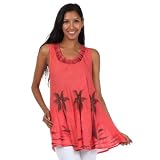 Sakkas Embroidered Watercolor Palm Tree Flared Hem Sleeveless Cotton Blouse