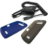 3 Pieces Combo Set of Dark Blue and Smoke Gray Silicone Skin Cover Case with Car Charger for Blackberry 9530 9500 Storm Thunder