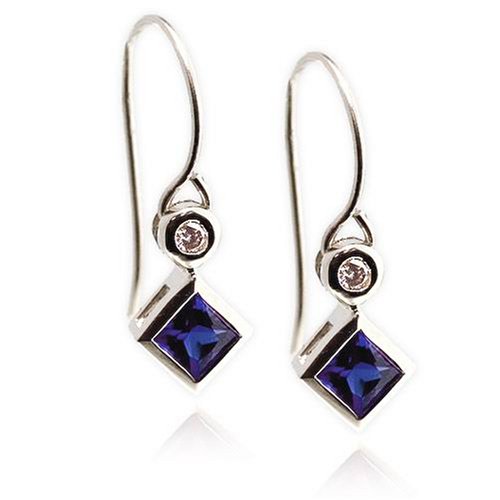 14k White Gold Created Blue Sapphire Princess Cut and Diamond Earrings