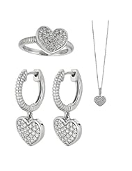 BRI Jewelry Sterling Silver Heart Shape With Clear Micropave Cubic Zirconia Set - Pendant - Dangle Earring