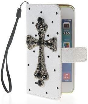 PUNKPHONE (TM) New Style Handmade Bling Rhinestone Crystal Flip White Leather Wallet Card Pouch Stand Case Cover for Apple Iphone 5c, 5 / 5s, 4 /4s, Samsung Glaxy S3 I9300, Samsung Glaxy S4 I9500 - (Iphone 5c, Black Cross)