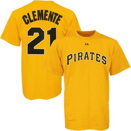 Majestic Pittsburgh Pirates #21 Roberto Clemente Youth Gold Cooperstown Player T-shirt (Medium)