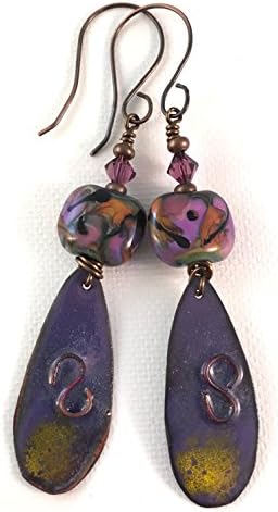 Purple Enamel and Artisan Lampwork Earrings with Handmade Copper Earwires