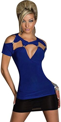 Gracefull Deep V Low Cut Sexy Sequined T Shirts Blouse Tops Color Blue Size M