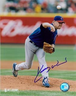 Kerry Wood Autographed/Hand Signed Chicago Cubs 8x10 Photo (Away Blue Jersey)