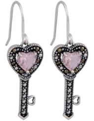 Sterling Silver Marcasite and Heart Key Earrings