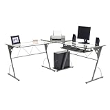 Modern Corner Computer Desk - Pewter and Clear Glass