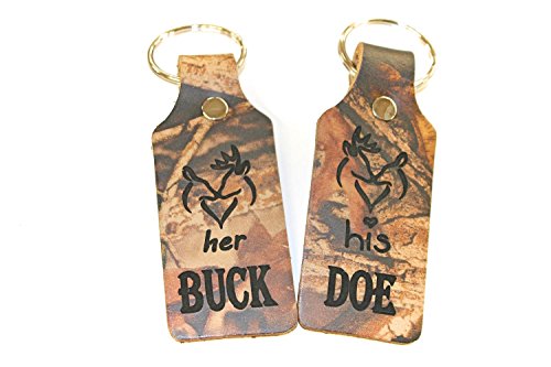HER BUCK and HIS DOE --REALTREE CAMO LEATHER--Keychain Set for Two--one to keep and one to give