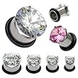 316L Surgical Steel Prong Set - CZ Single Flare Tunnels with 1 Black 0 - Ring - Light Weight - 4G - Sold in a Pair