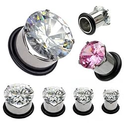 316L Surgical Steel Prong Set - CZ Single Flare Tunnels with 1 Black 0 - Ring - Light Weight - 4G - Sold in a Pair