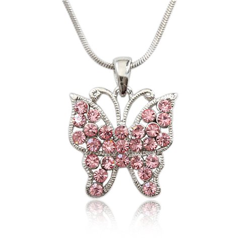 Butterfly Silver and Pink Crystal Charm Pendant Necklace Fashion Jewelry