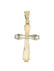 14K Yellow White Rose Gold 17X23mm Textured Domed Shape Cross With Tri Color Line Shape On Top Pendant