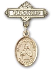 14K Gold Baby Badge with St. John Vianney Charm and Godchild Badge Pin