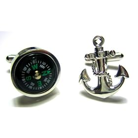 Nautical Cufflink Set : 2 Pairs (Boat Anchor and Compass) Cufflinks W Gift Box