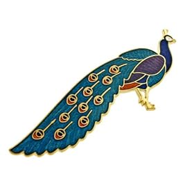 Gorgeous yellow gold plated and enamel peacock bird pin or brooch by Daralis