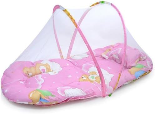 Portable Folding Baby Mosquito Bed Crib Woven Net Infant Super Soft Bed Playpen Canopy Tent with Sleeping Cushion (M, Pink)