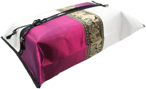 Phumpanya Purple &amp; Ivory Silk Kleenex Tissue Box Cover Holder with Thai Elephants Stripe Gift Recommend