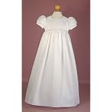 Matte Satin Christening Gown with Ribbon and Pearl Flowers at Waist