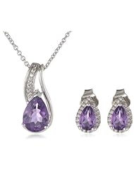 Sterling Silver Pear Amethyst Pendant Necklace and Earrings Diamond Box Set