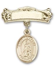 Gold Filled Baby Badge with St. Peregrine Laziosi Charm and Arched Polished Badge Pin