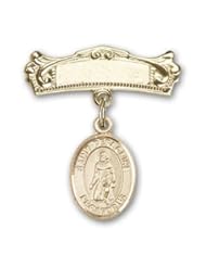 14K Gold Baby Badge with St. Peregrine Laziosi Charm and Arched Polished Badge Pin