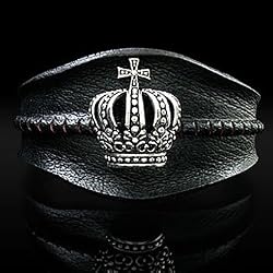 Royalty Brand Name Silver Crown Mens Biker Black Leather Bracelet