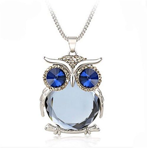 Joannala Trendy Owl Necklace Crystal Jewelry Statement Women Silver Chain Long Necklaces(blue)