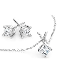 Princess Diamond Solitaire Necklace & Diamond Stud Earrings Set 1.0 Carat (ctw) in 10K White Gold