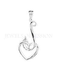 14K White Gold Fish Hook With Heart Pendant