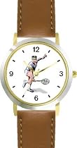 Man Tennis Player No.1 Tennis Theme - WATCHBUDDY&reg; DELUXE TWO-TONE THEME WATCH - Arabic Numbers - Brown Leather Strap-Women's Size-Small