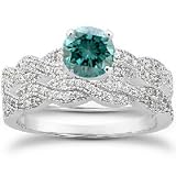 1.00CT Blue Diamond Engagement Wedding Ring 14K White Gold Set Pave Vintage 4-9