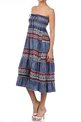 Strapless Embroidered Shirred Colorblocking Cotton Zig Zag  Dress