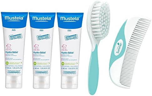 Mustela Hydra Bebe Facial Cream, 1.35 Ounce, 3 Pack with Brush & Comb Set