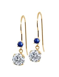 1.16 Ct Round I/J Diamond Blue Sapphire 14K Yellow Gold Earrings