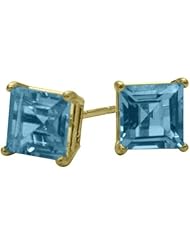 0.50Ct. Genuine 4mm Square Princess Blue Topaz 14 Karat Yellow Gold Stud Earrings for Girls